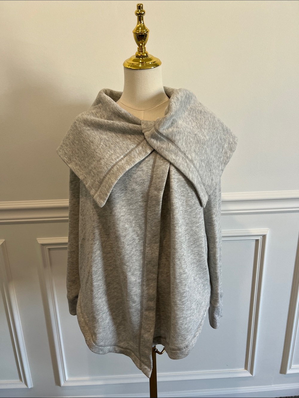 Zella Light Gray Off‑the‑Shoulder Knit Sweater with Draped Collar